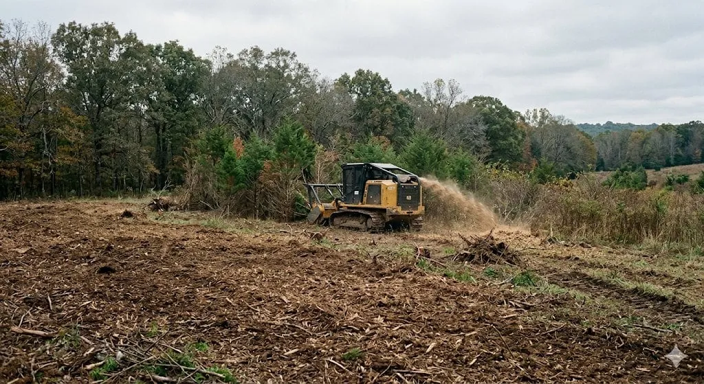 Tracked forestry mulcher reclaiming an overgrown Arkansas pasture, grinding cedar and brush at the tree line