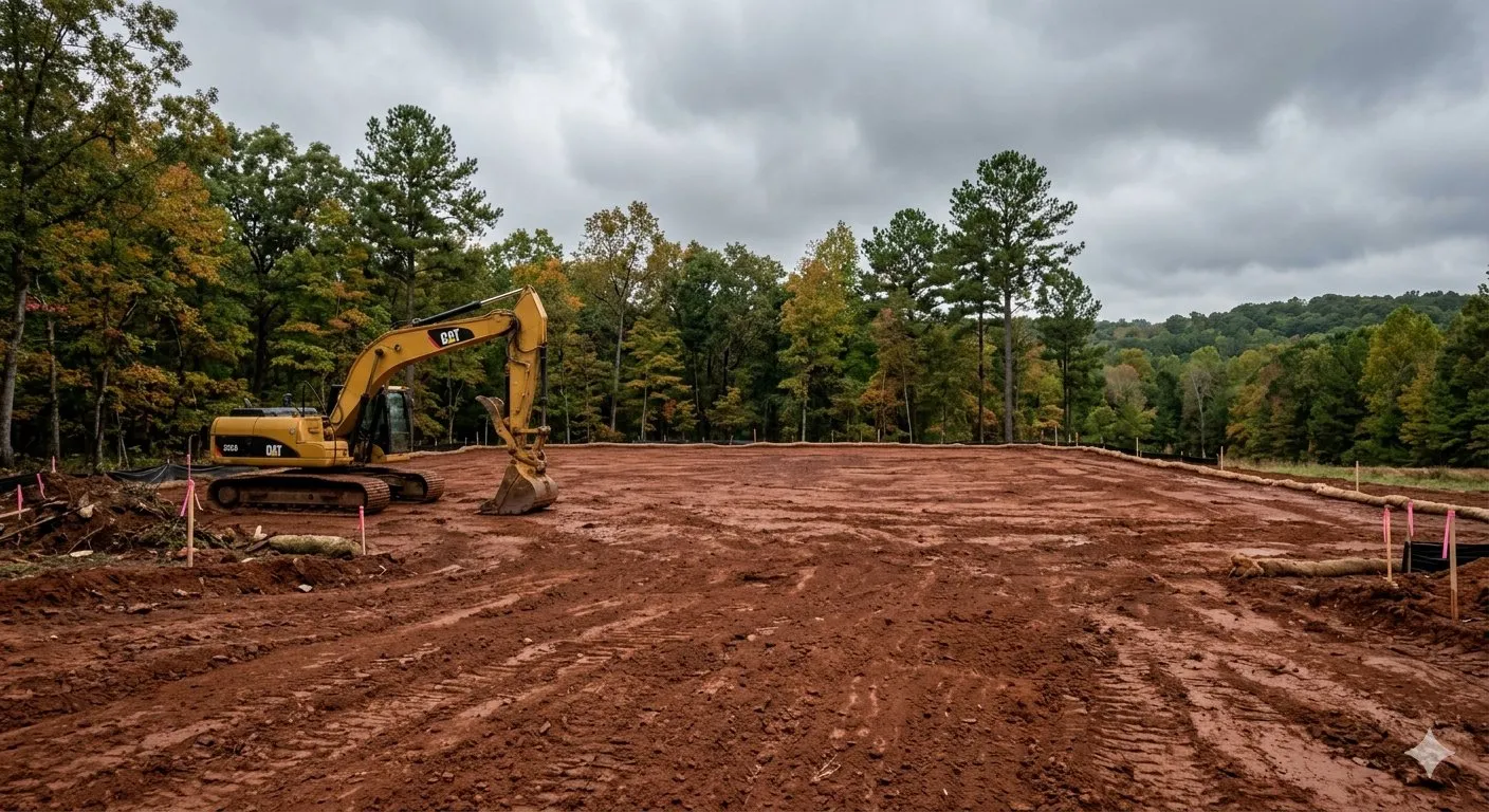 CAT excavator on a freshly graded red clay home build pad with pink survey flags marking the cleared edges, mixed pine and hardwood treeline in the background on a rural Arkansas property